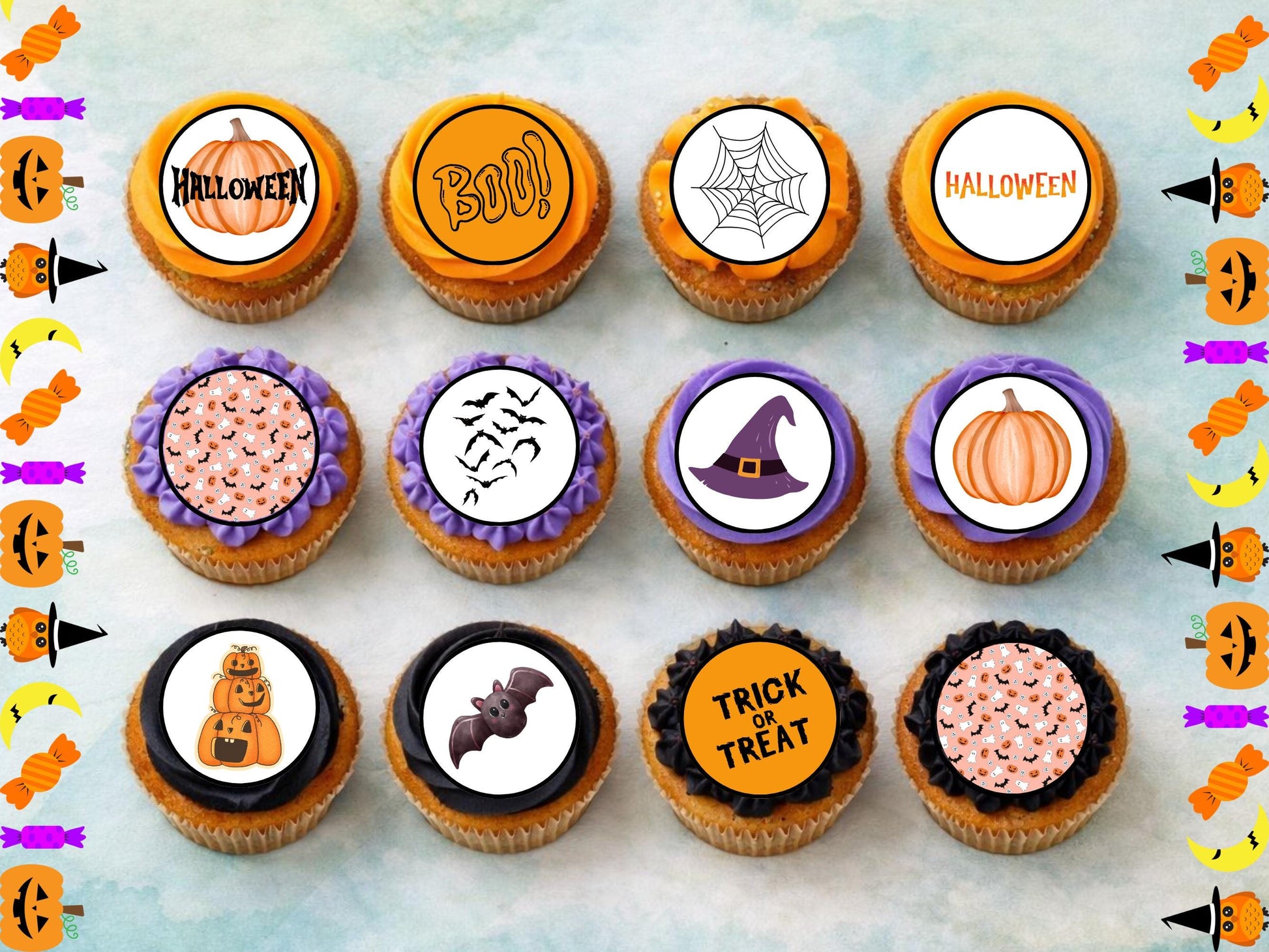Halloween Edible Cupcake Toppers – Witch, Pumpkin, Bat (Wafer Paper, Card, Icing)
