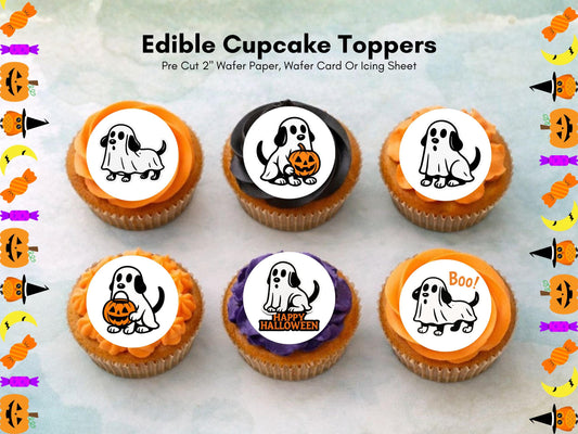 Ghost Dog Halloween Cupcake Toppers – Edible Wafer Paper, Card, Icing Sheet