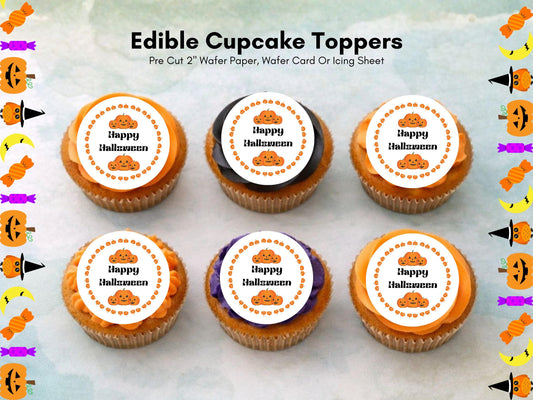 Pumpkin Edible Cupcake Toppers 12 x 2" – Pre cut Wafer Paper, Card or Icing Sheet, Happy Halloween