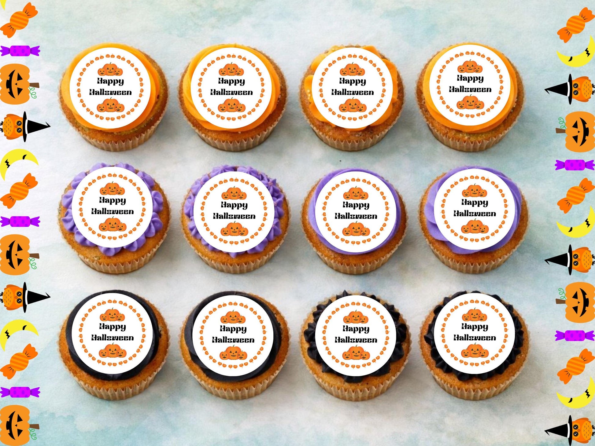 Pumpkin Edible Cupcake Toppers 12 x 2" – Pre cut Wafer Paper, Card or Icing Sheet, Happy Halloween
