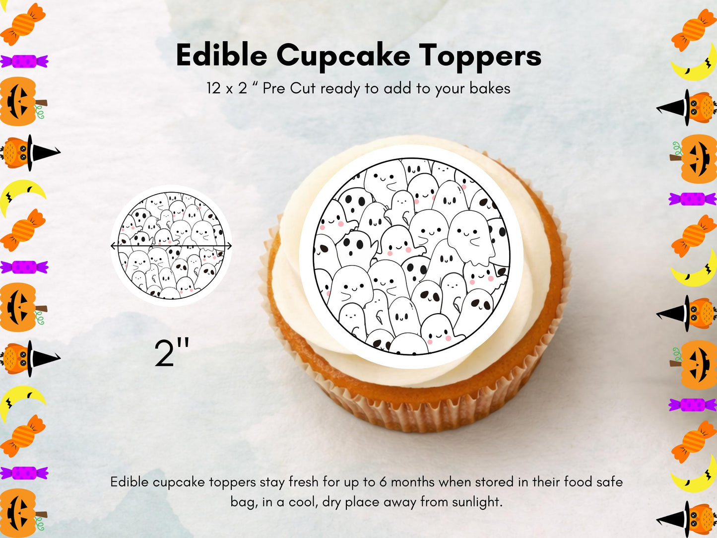Halloween Ghost Edible Cupcake Toppers - 2" Wafer Paper, Card or Icing Sheet