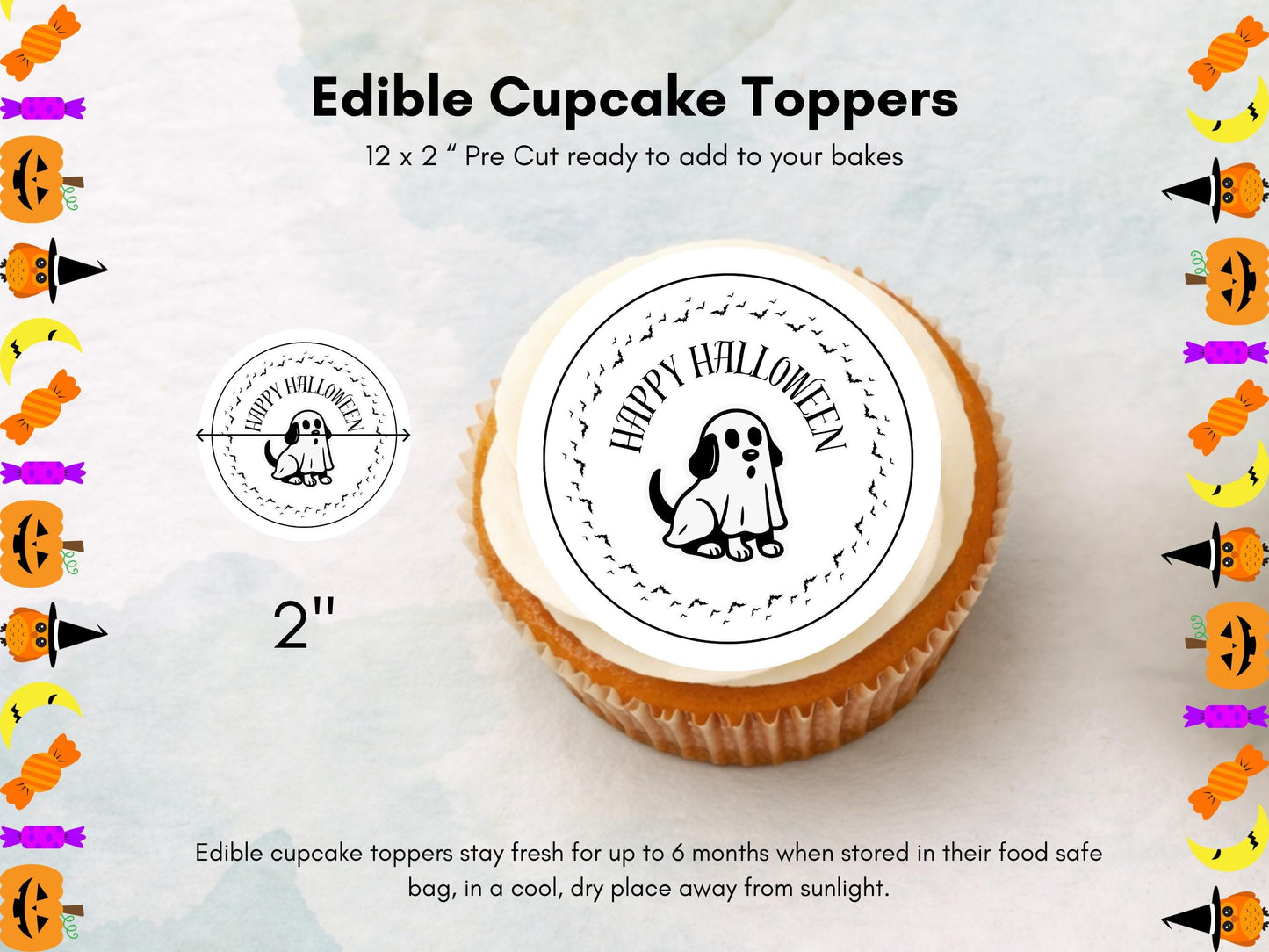 Ghost Dog Halloween Cupcake Toppers: Edible Party Decorations