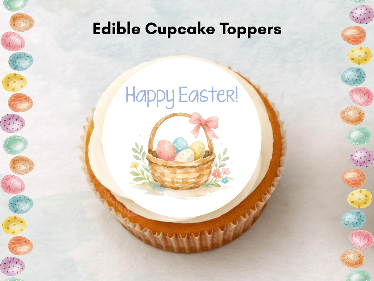 Happy Easter Edible Cupcake Toppers – Easter Basket Cake Decorations