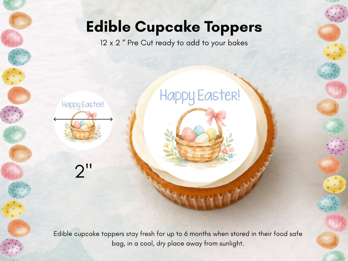 Happy Easter Edible Cupcake Toppers – Easter Basket Cake Decorations