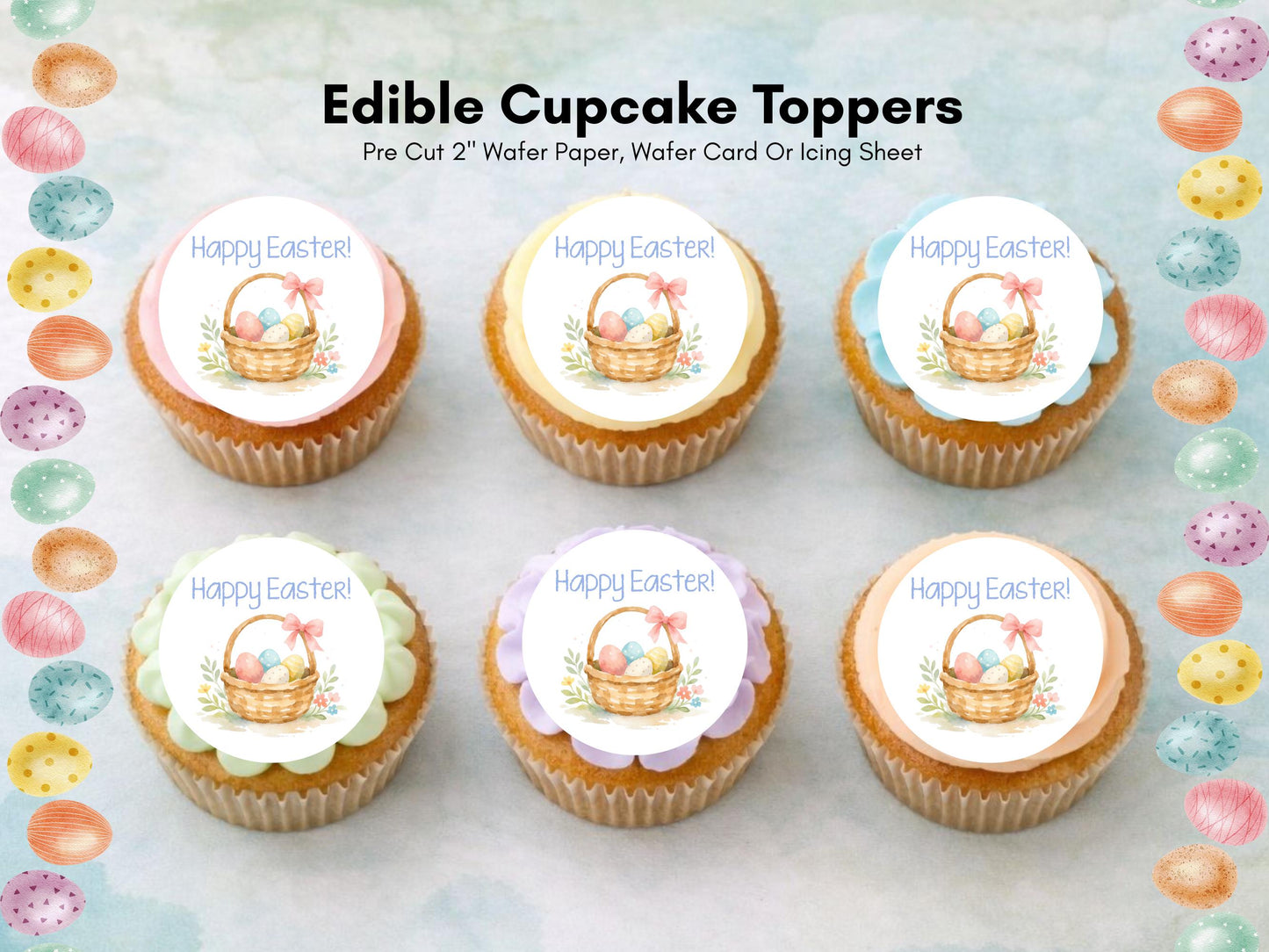 Happy Easter Edible Cupcake Toppers – Easter Basket Cake Decorations