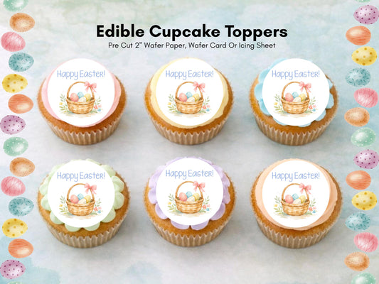 Happy Easter Edible Cupcake Toppers – Easter Basket Cake Decorations