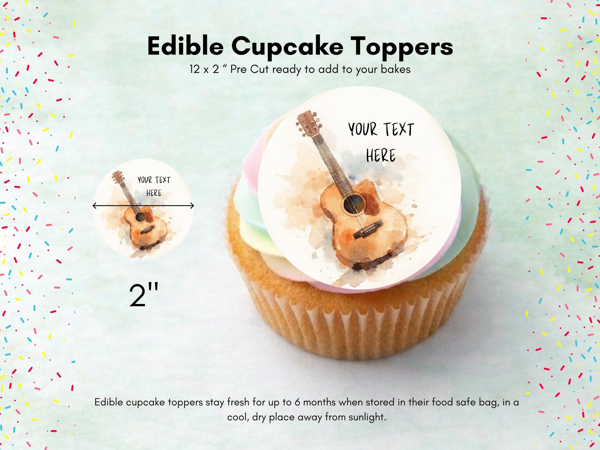 Personalised Guitar Cupcake Toppers - Edible Music Cake Decorations
