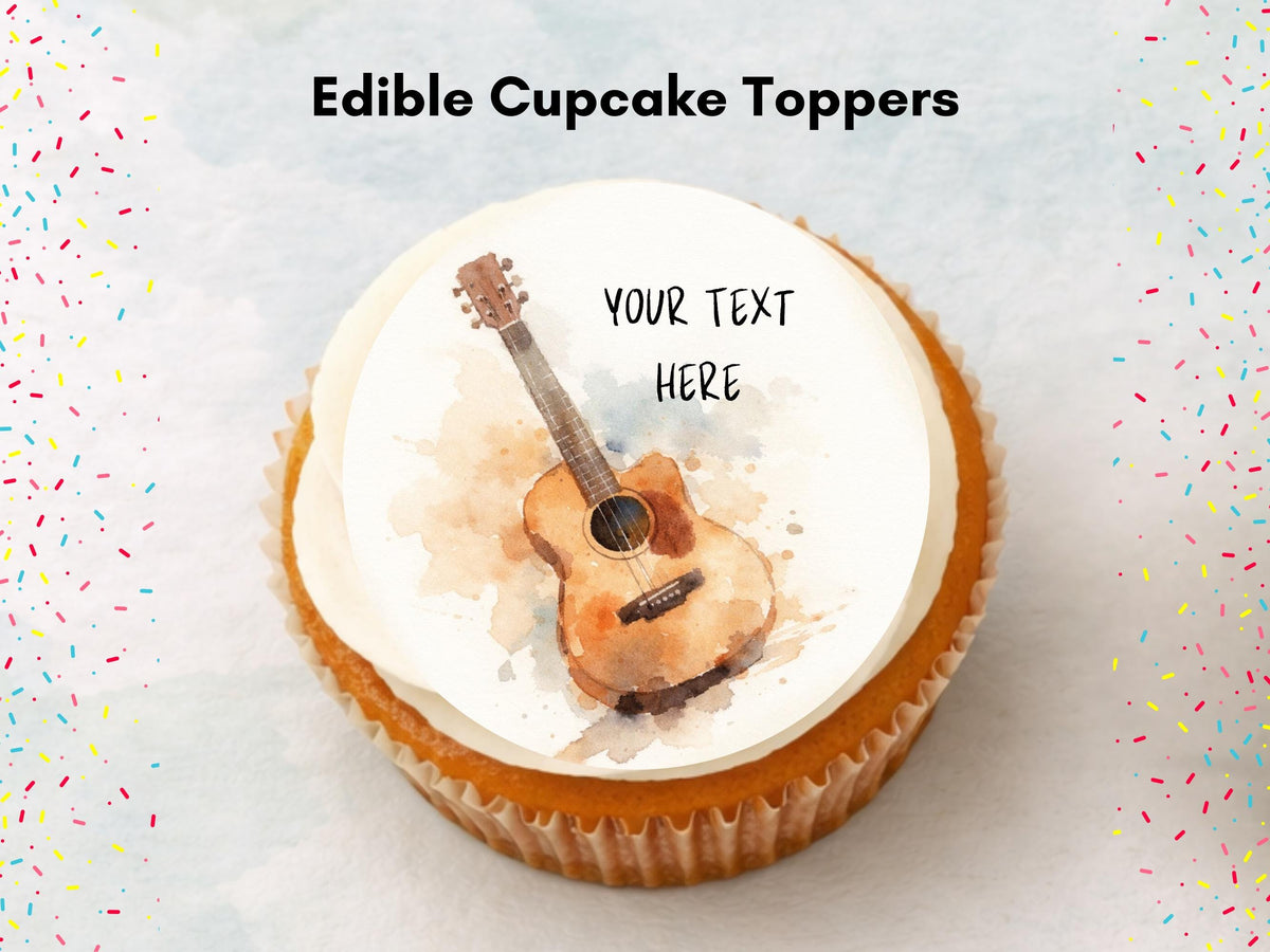 Personalised Guitar Cupcake Toppers - Edible Music Cake Decorations 12 x 2"