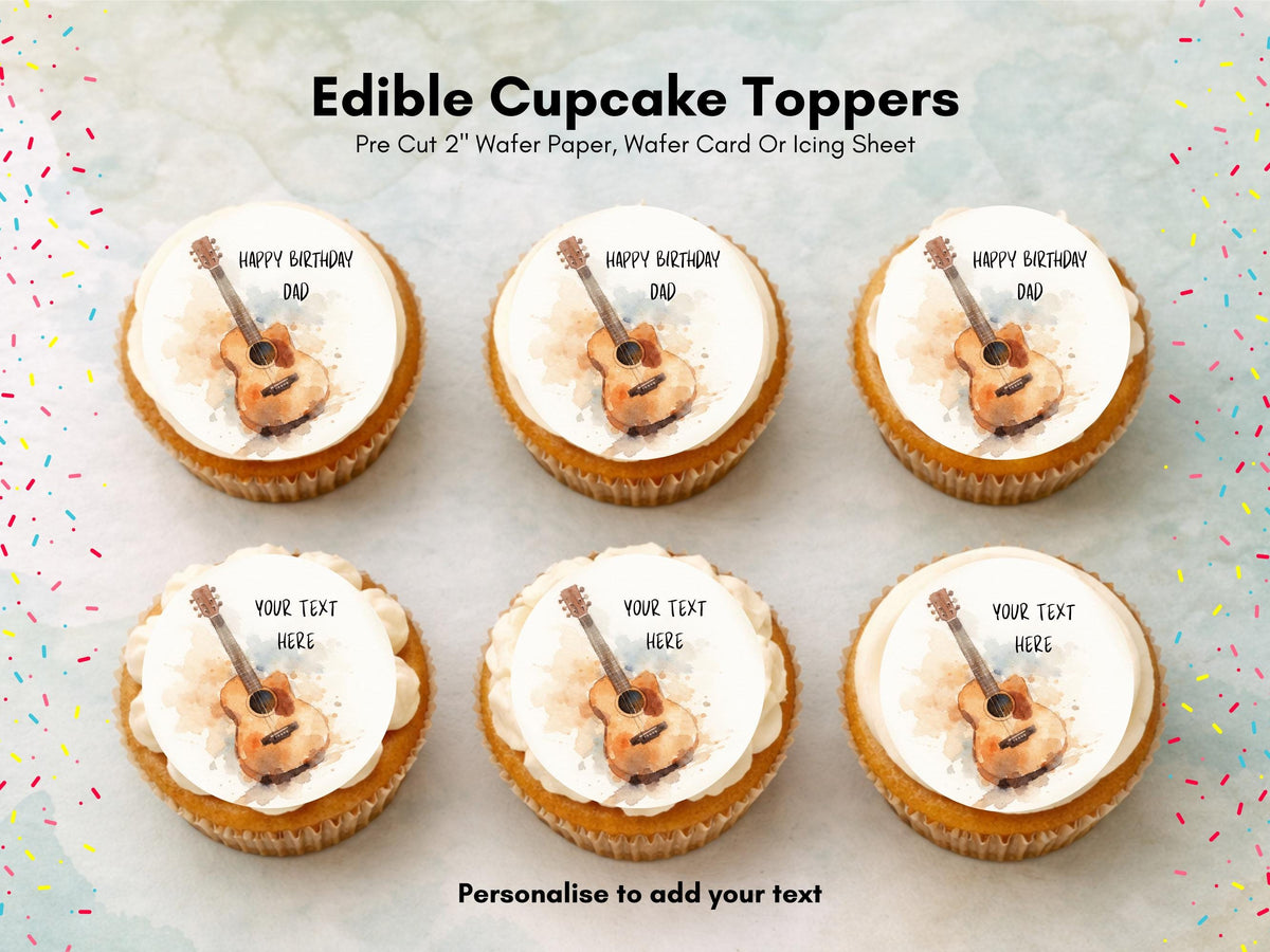Personalised Guitar Cupcake Toppers - Edible Music Cake Decorations 12 x 2"
