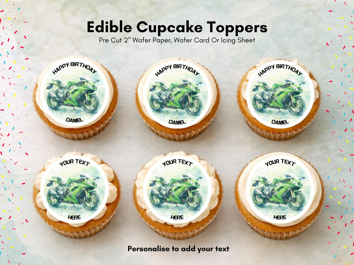 Personalised Motorcycle Cupcake Toppers - Edible Cake Decorations