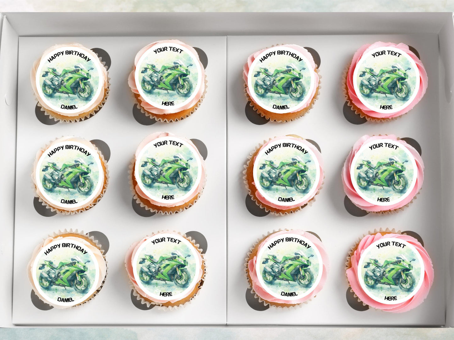 Personalised Motorcycle Cupcake Toppers - Edible Cake Decorations