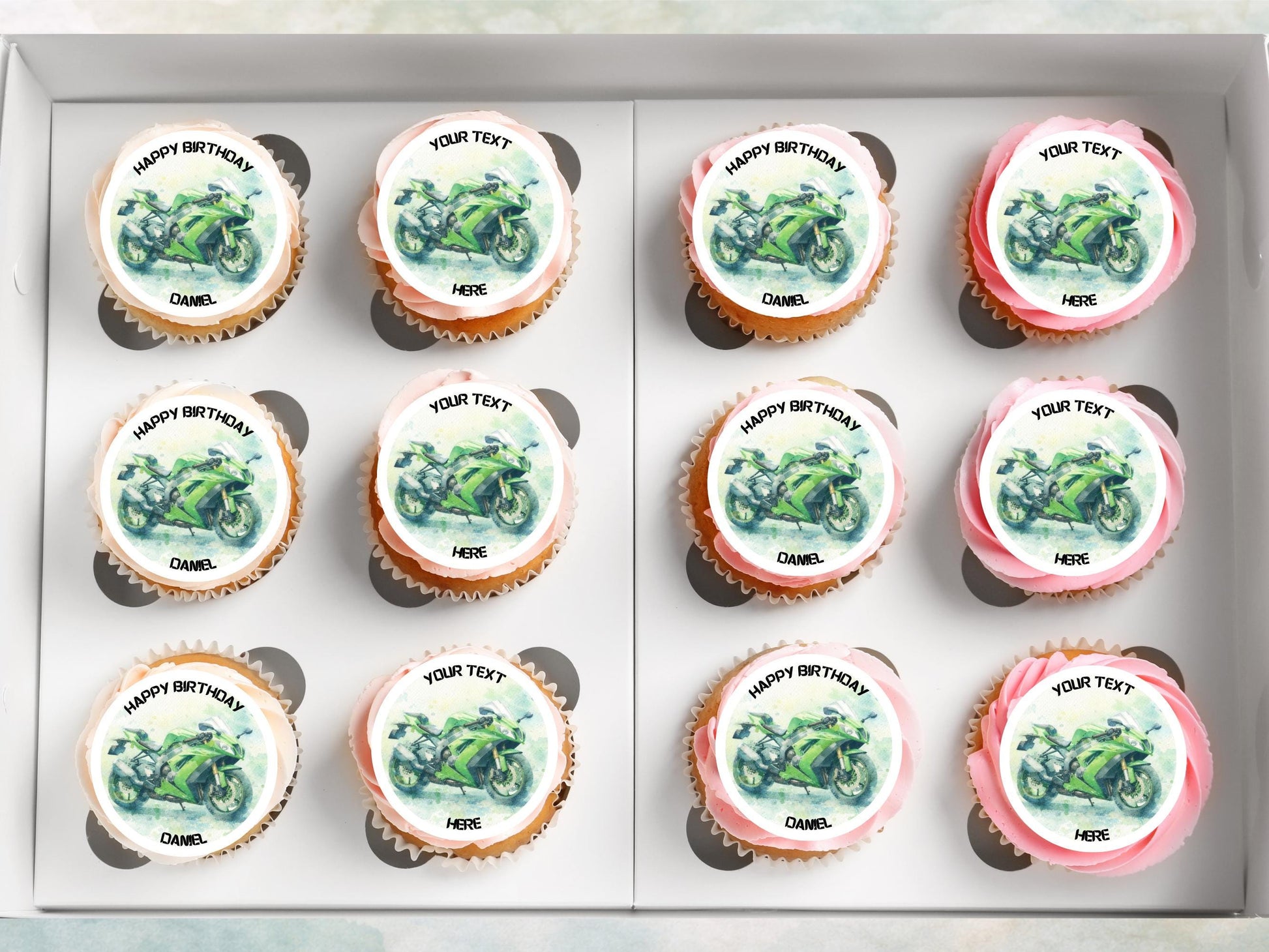 Personalised Motorcycle Cupcake Toppers - Edible Cake Decorations