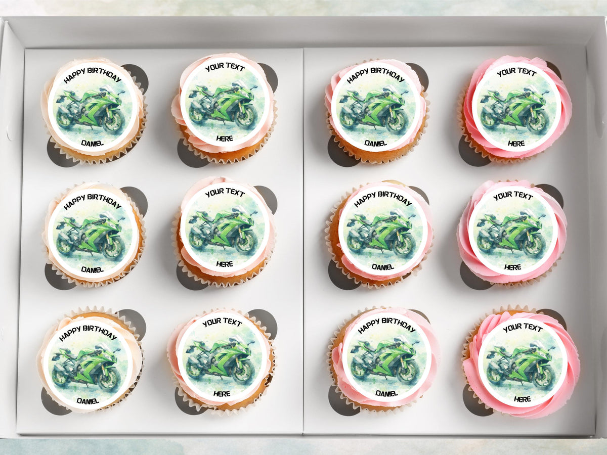 Personalised Motorcycle Cupcake Toppers - Edible Cake Decorations