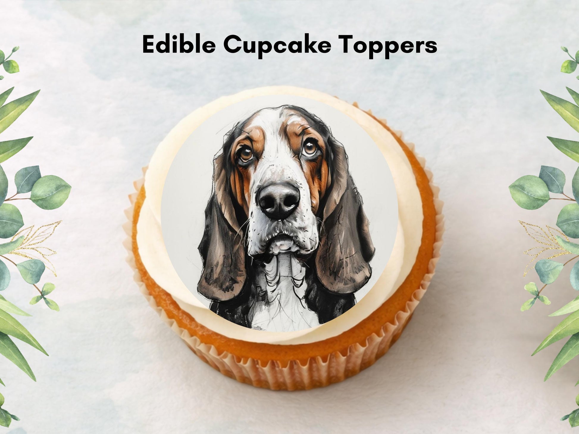 Basset Hound Edible Cupcake Toppers 12 x 2" Dog Cake Toppers