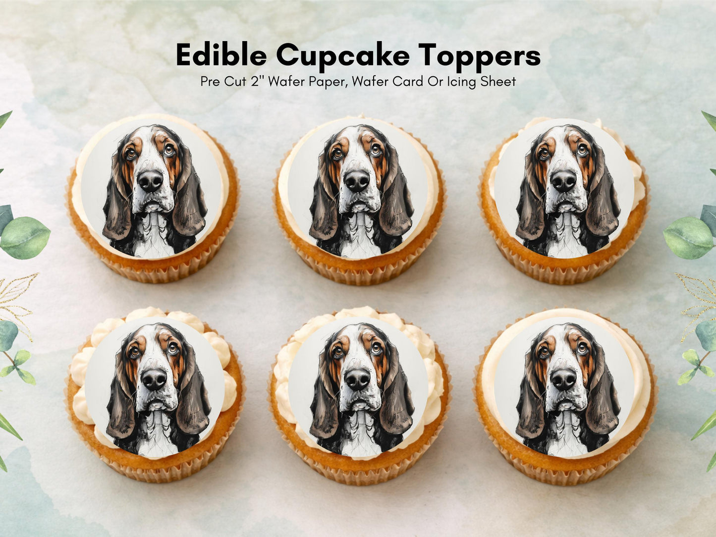 Basset Hound Edible Cupcake Toppers 12 x 2" Dog Cake Toppers