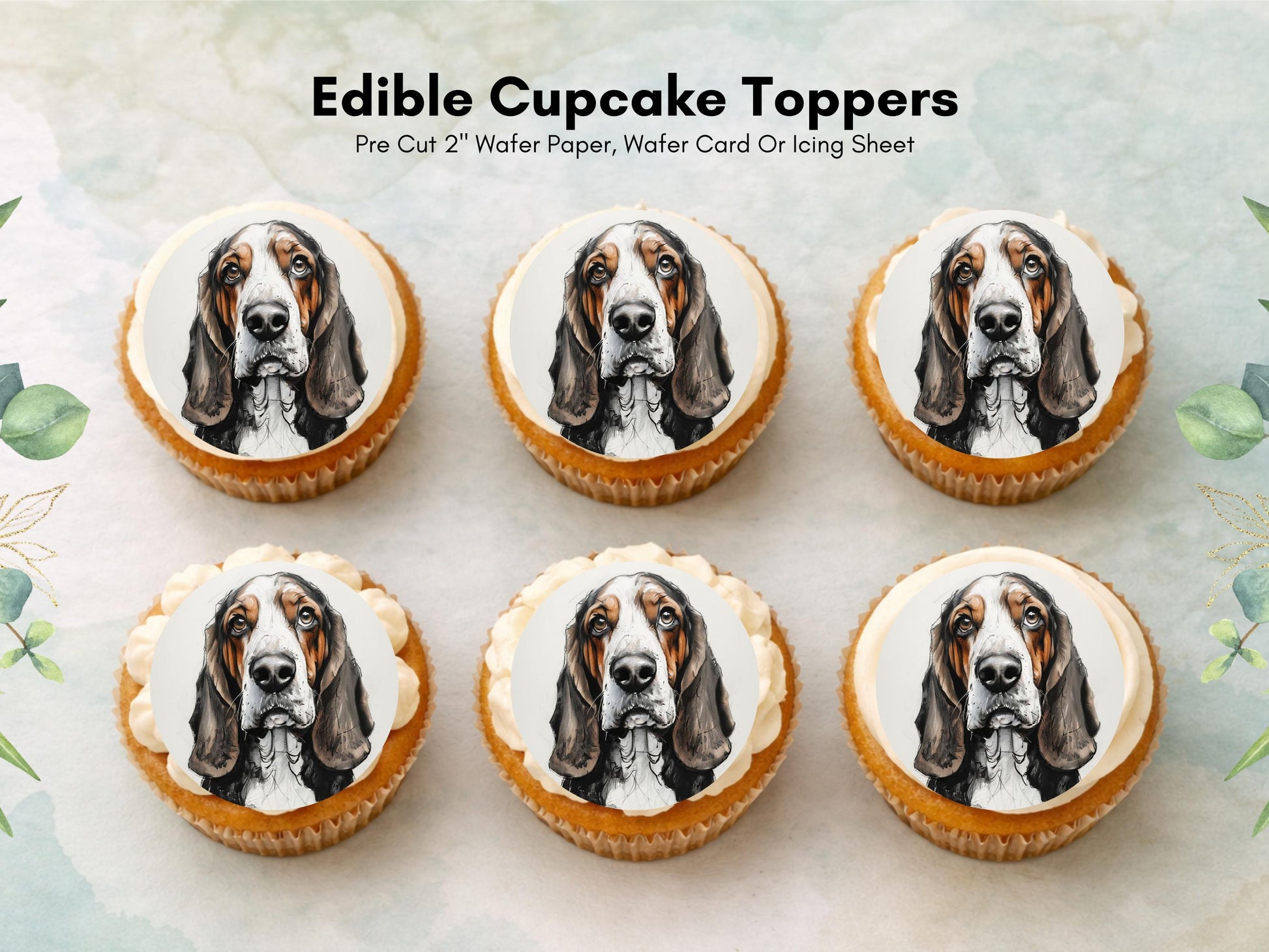 Basset Hound Edible Cupcake Toppers 12 x 2" Dog Cake Toppers