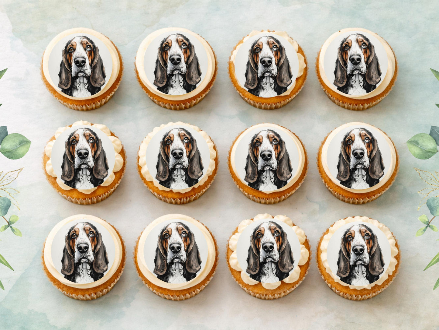 Basset Hound Edible Cupcake Toppers 12 x 2" Dog Cake Toppers