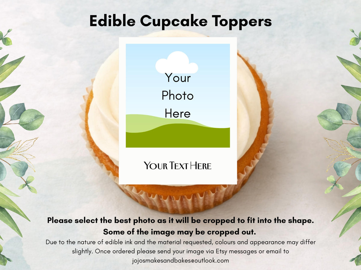 Personalised Photo Edible Cupcake Toppers, Polaroid style Wedding Cake Topper
