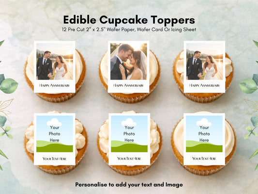 Personalised Photo Edible Cupcake Toppers, Polaroid style Wedding Cake Topper