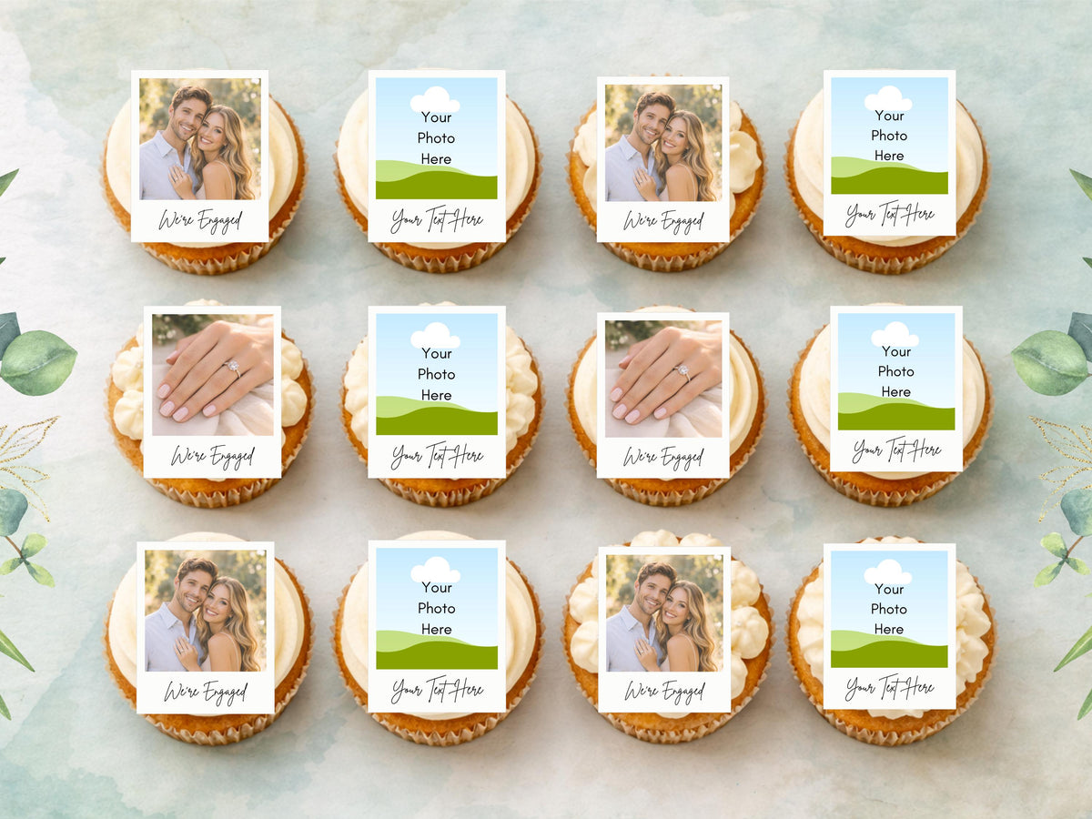 Personalised Photo Edible Cupcake Toppers, Polaroid style Engagement Cake Topper