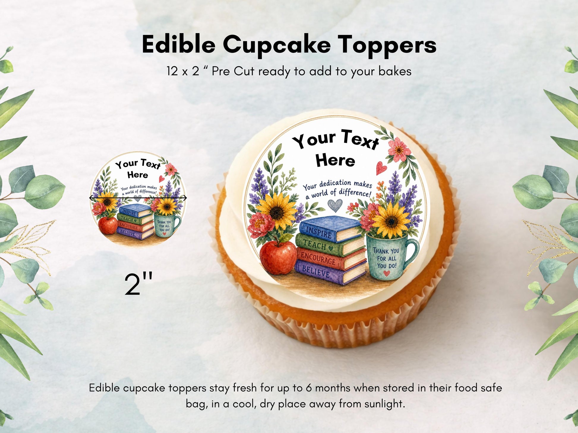 Personalised Teacher Edible Cupcake Toppers 12 x 2" – Custom Teacher gift