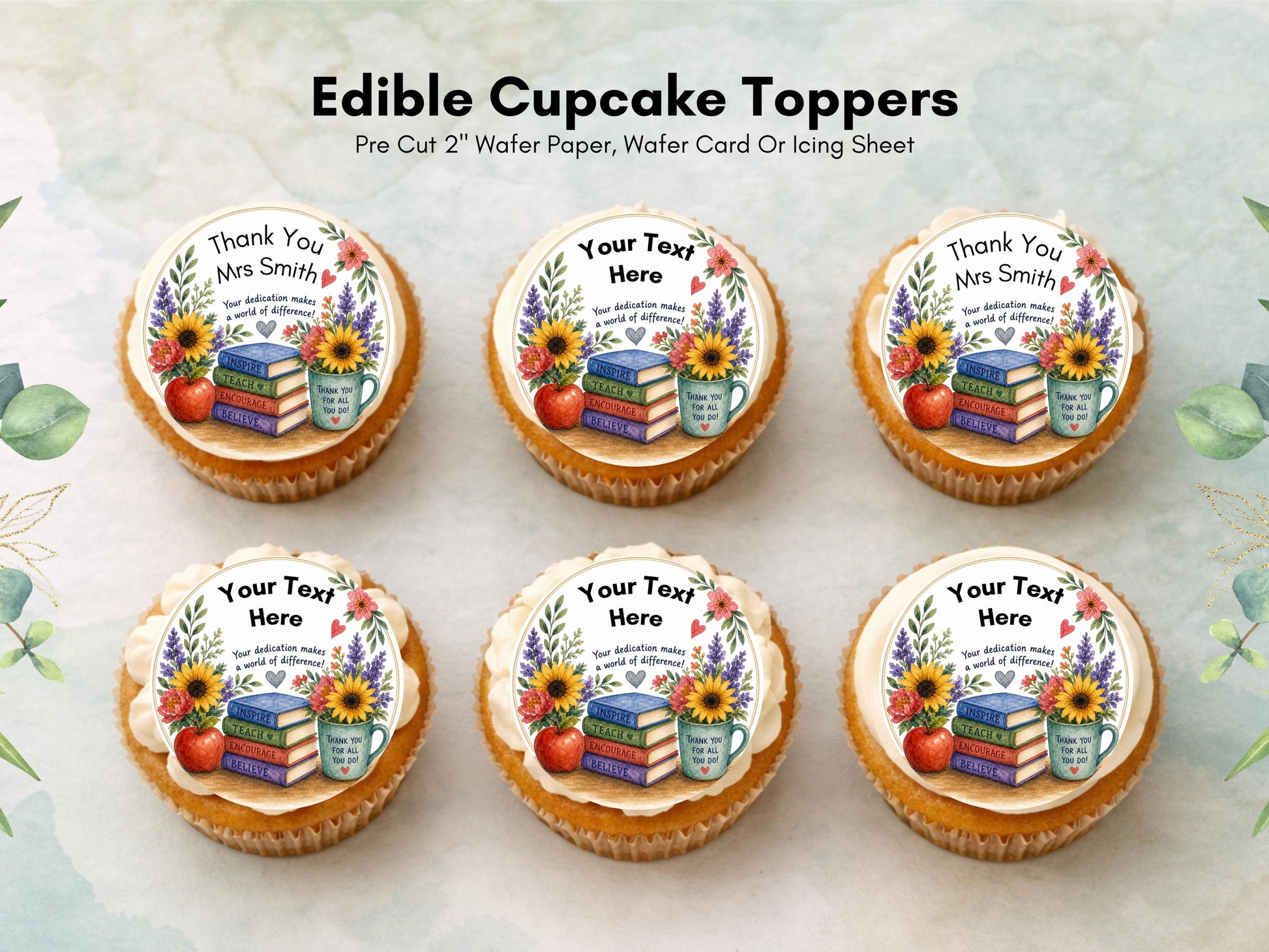 Personalised Teacher Edible Cupcake Toppers 12 x 2" – Custom Teacher gift
