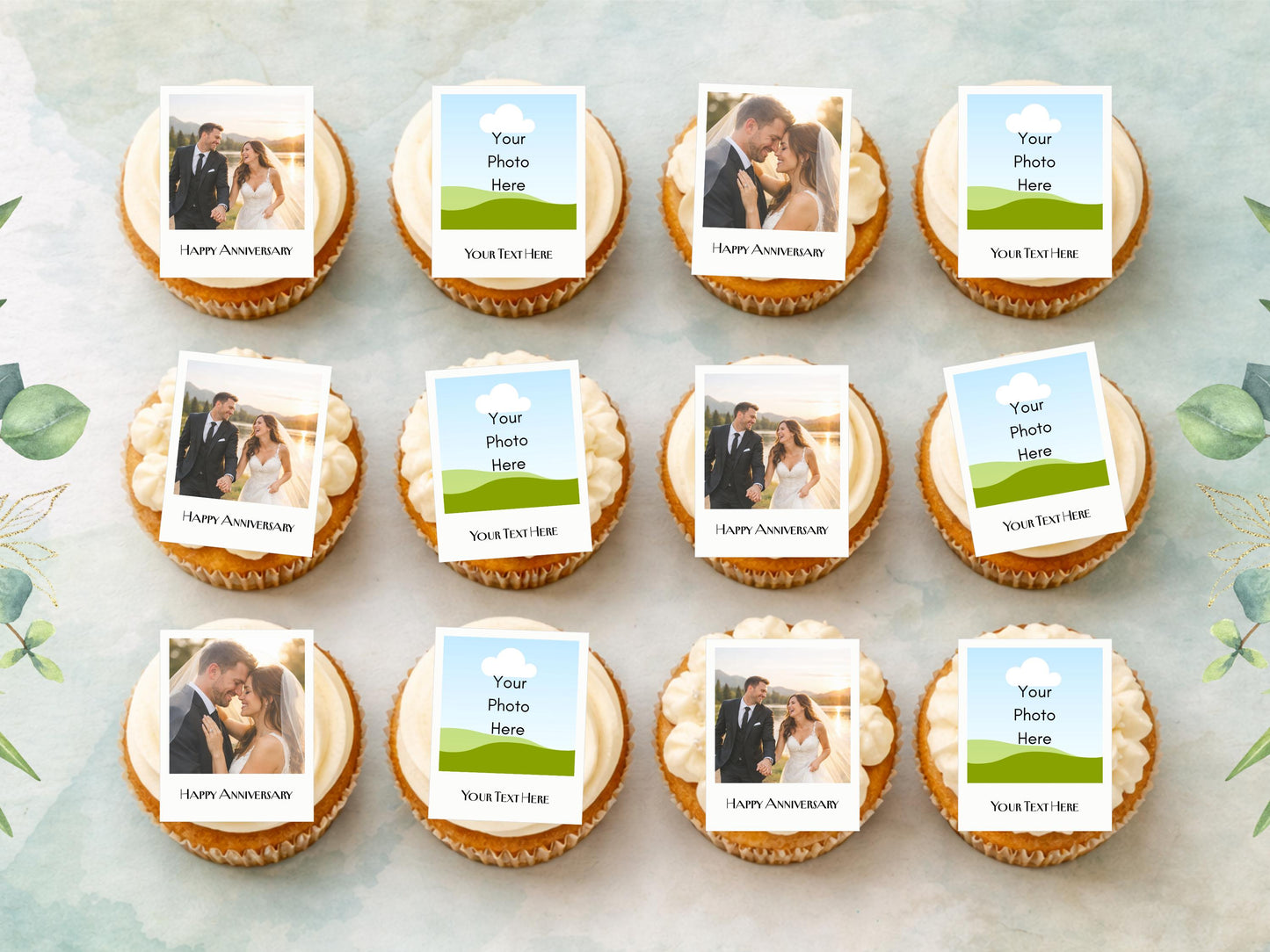 Personalised Photo Edible Cupcake Toppers, Polaroid style Wedding Cake Topper