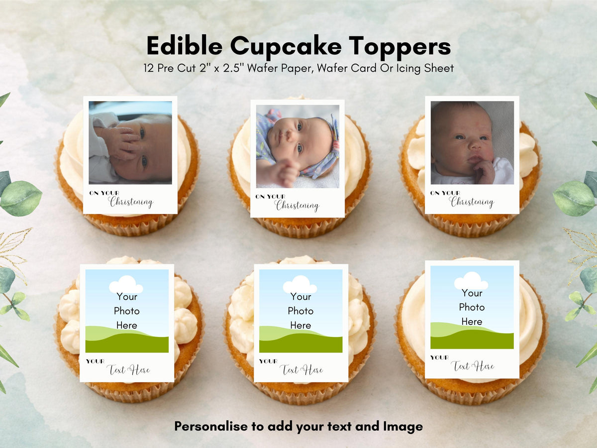 Personalised Photo Edible Cupcake Toppers, Polaroid style Christening Cake Topper