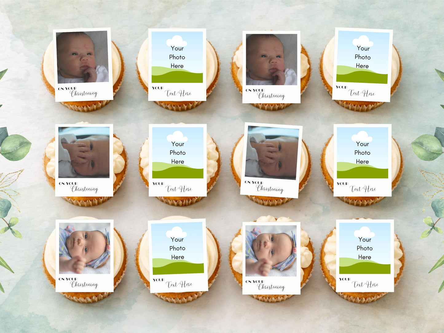 Personalised Photo Edible Cupcake Toppers, Polaroid style Christening Cake Topper