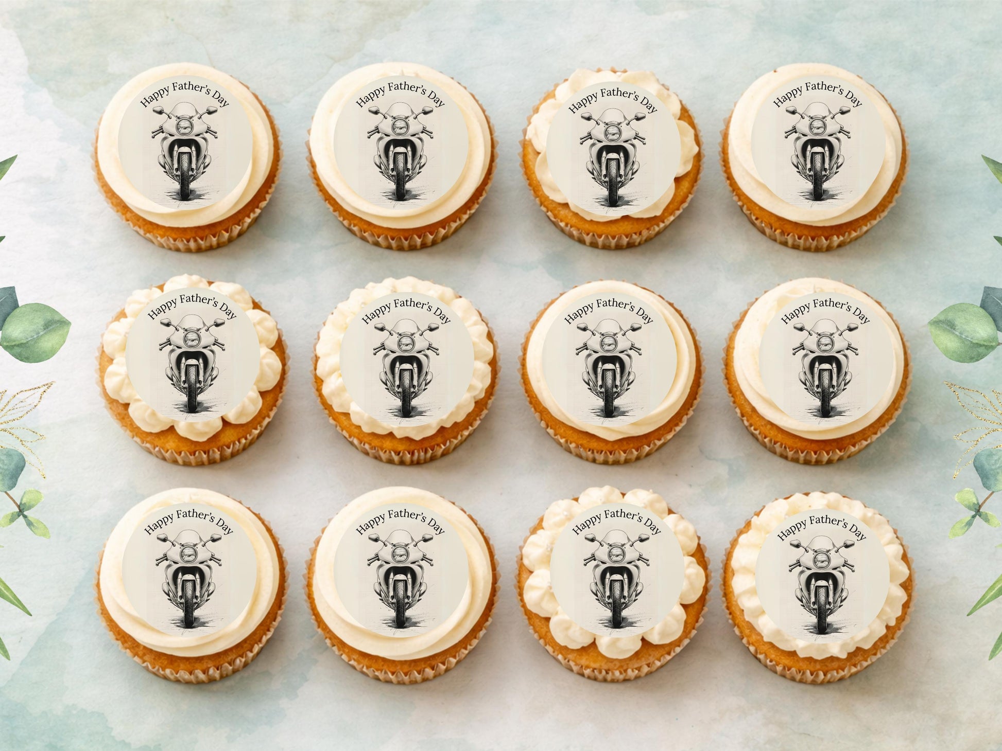 Happy Father's Day Edible Cupcake Toppers – Motorcycle Design (12x 2")