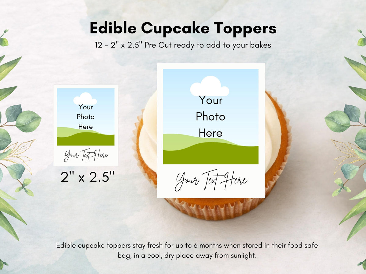 Personalised Photo Edible Cupcake Toppers, Polaroid style Engagement Cake Topper