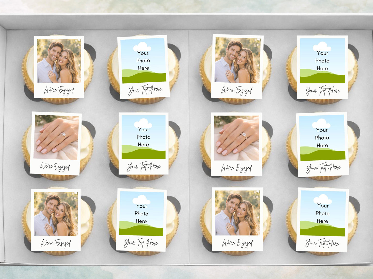 Personalised Photo Edible Cupcake Toppers, Polaroid style Engagement Cake Topper