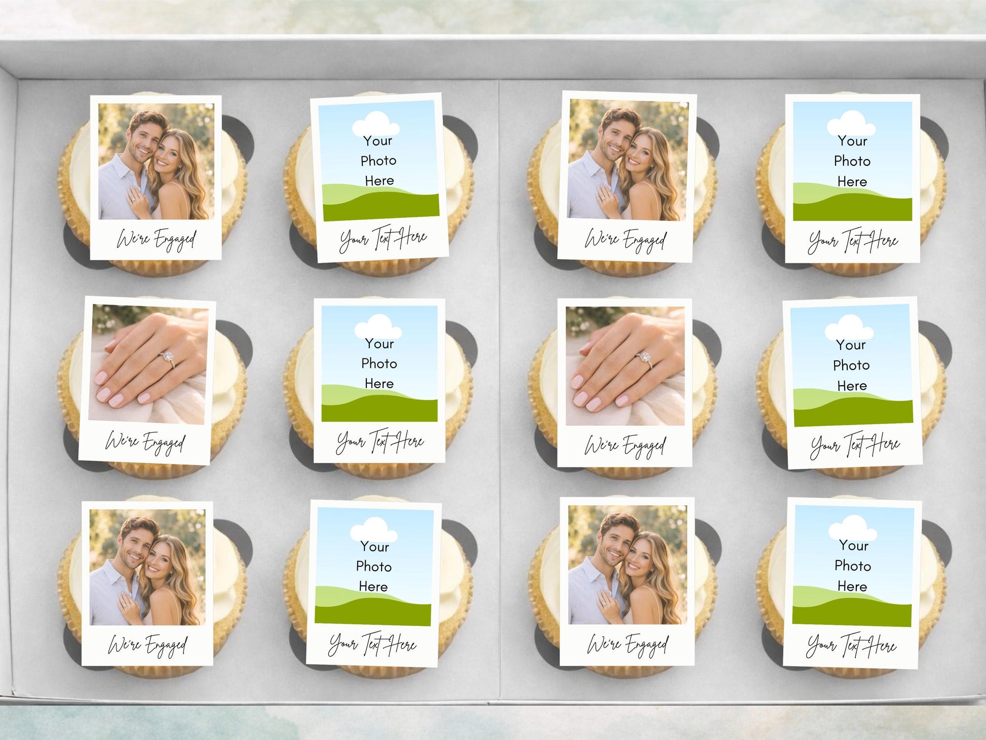 Personalised Photo Edible Cupcake Toppers, Polaroid style Engagement Cake Topper