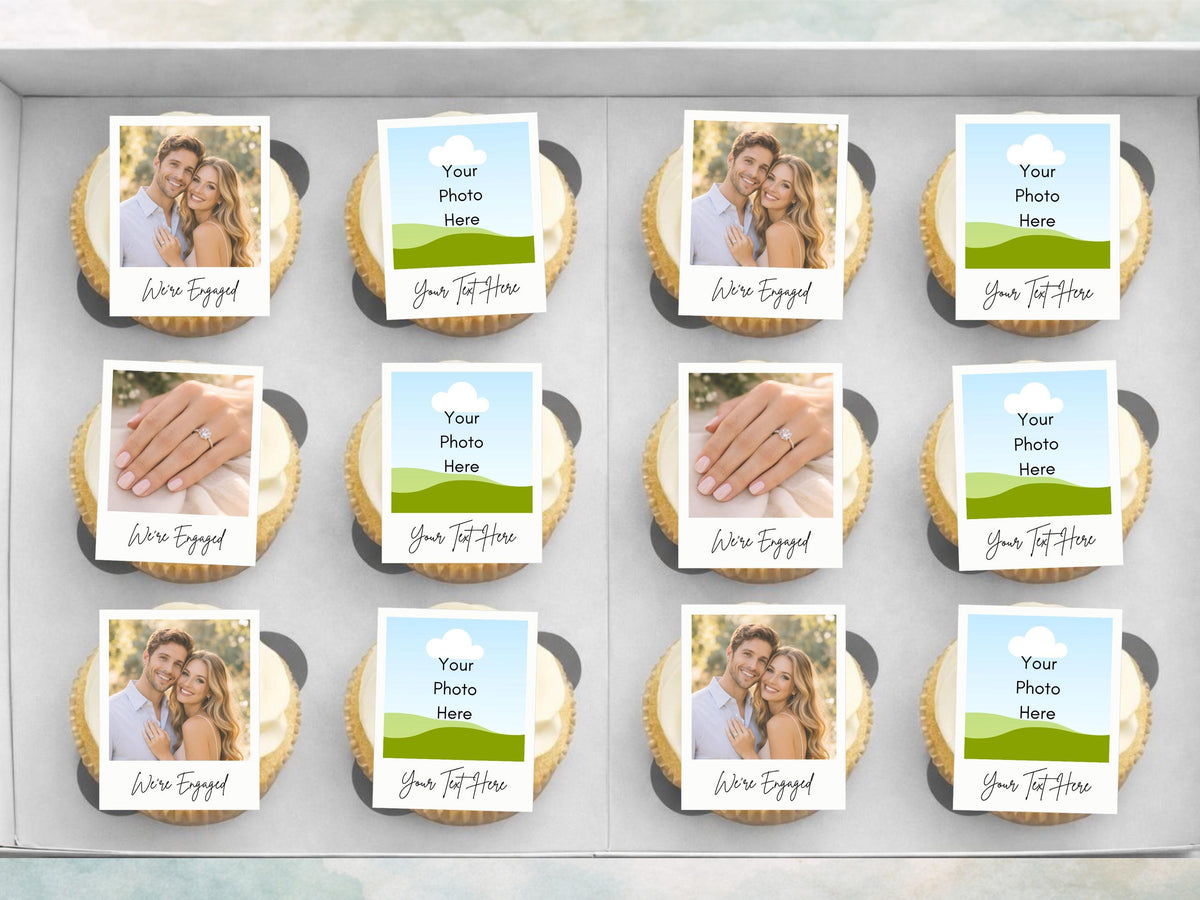 Personalised Photo Edible Cupcake Toppers, Polaroid style Engagement Cake Topper