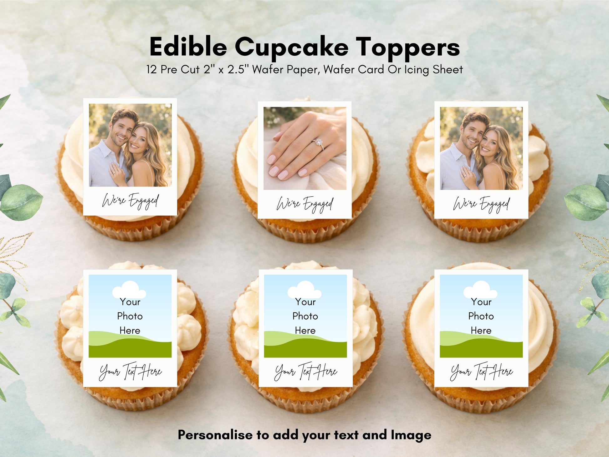 Personalised Photo Edible Cupcake Toppers, Polaroid style Engagement Cake Topper