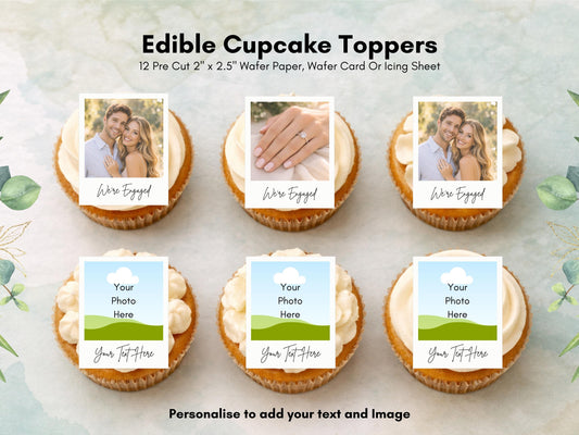 Personalised Photo Edible Cupcake Toppers, Polaroid style Engagement Cake Topper