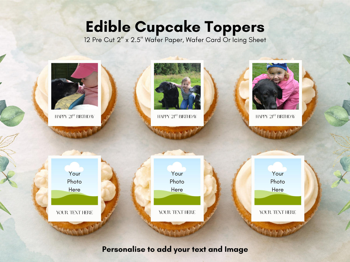 12 x Personalised Polaroid Edible Cupcake Toppers, Personalised images for cakes