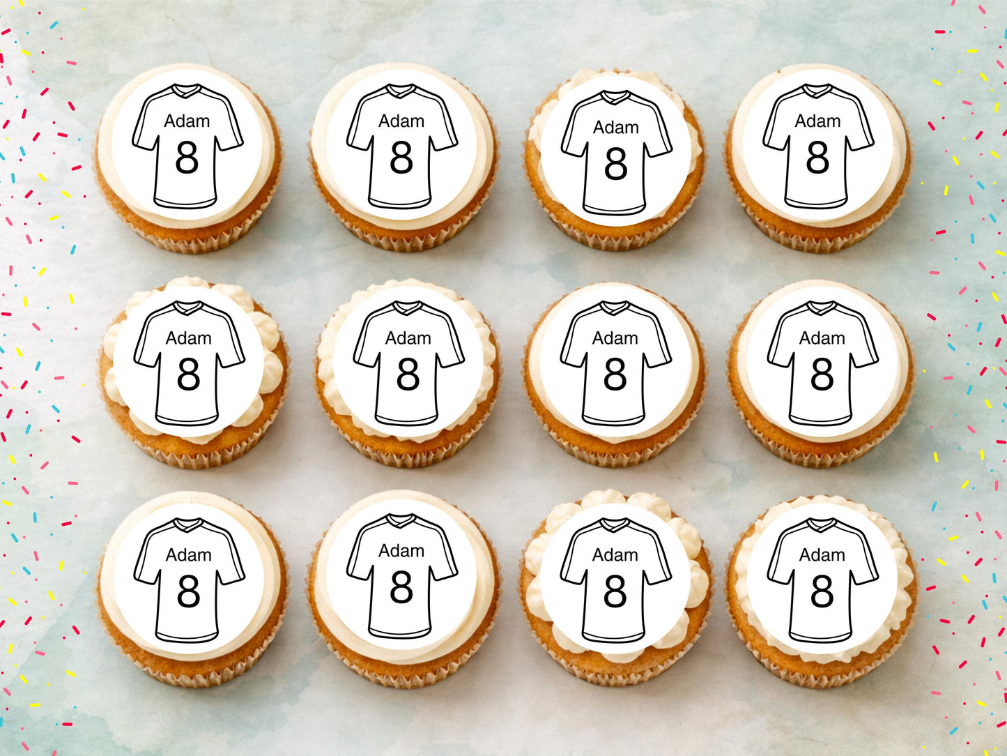 Personalised Football Shirt Edible Cupcake Toppers - Soccer Cake Decorations (12 x 2" Pre cut)