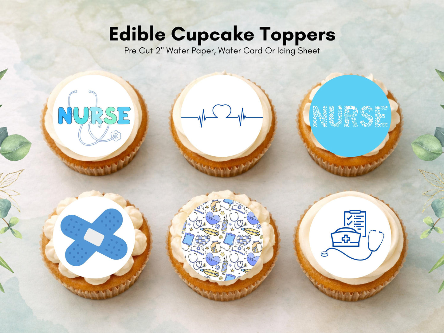 Nurse Theme Edible Cupcake Toppers – 12 x 2" Wafer Paper, Card or Icing Sheet