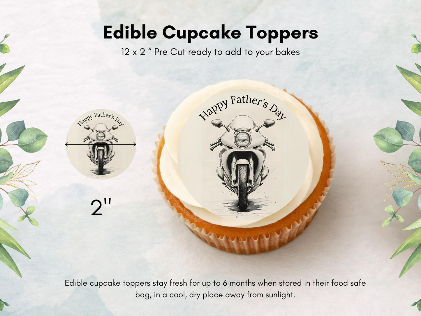 Happy Father's Day Edible Cupcake Toppers – Motorcycle Design (12x 2")