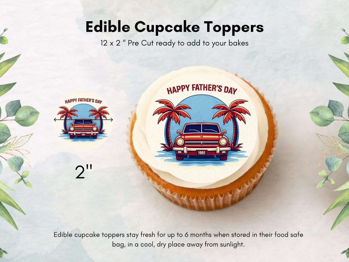 Happy Father's Day Edible Car Cupcake Toppers –12 x 2" Pre-Cut (Wafer Paper, Icing)