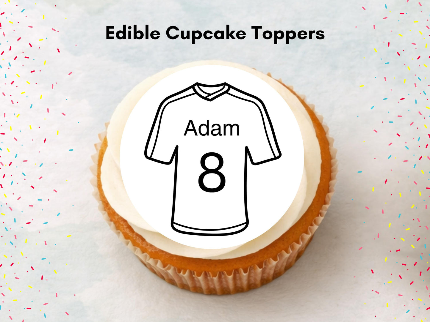 Personalised Football Shirt Edible Cupcake Toppers - Soccer Cake Decorations (12 x 2" Pre cut)
