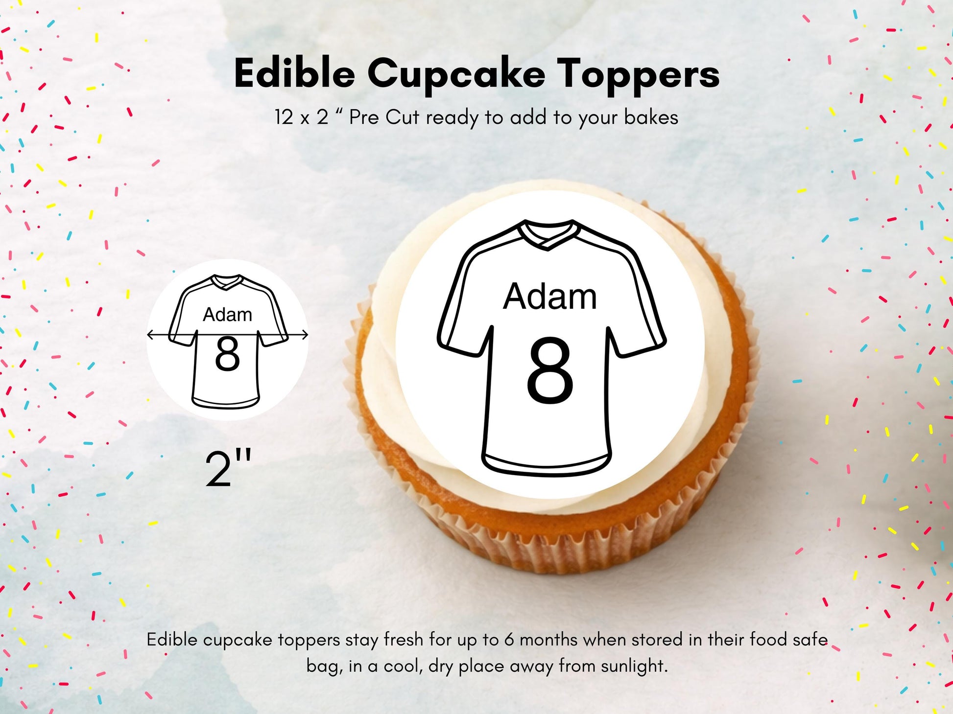 Personalised Football Shirt Edible Cupcake Toppers - Soccer Cake Decorations (12 x 2" Pre cut)