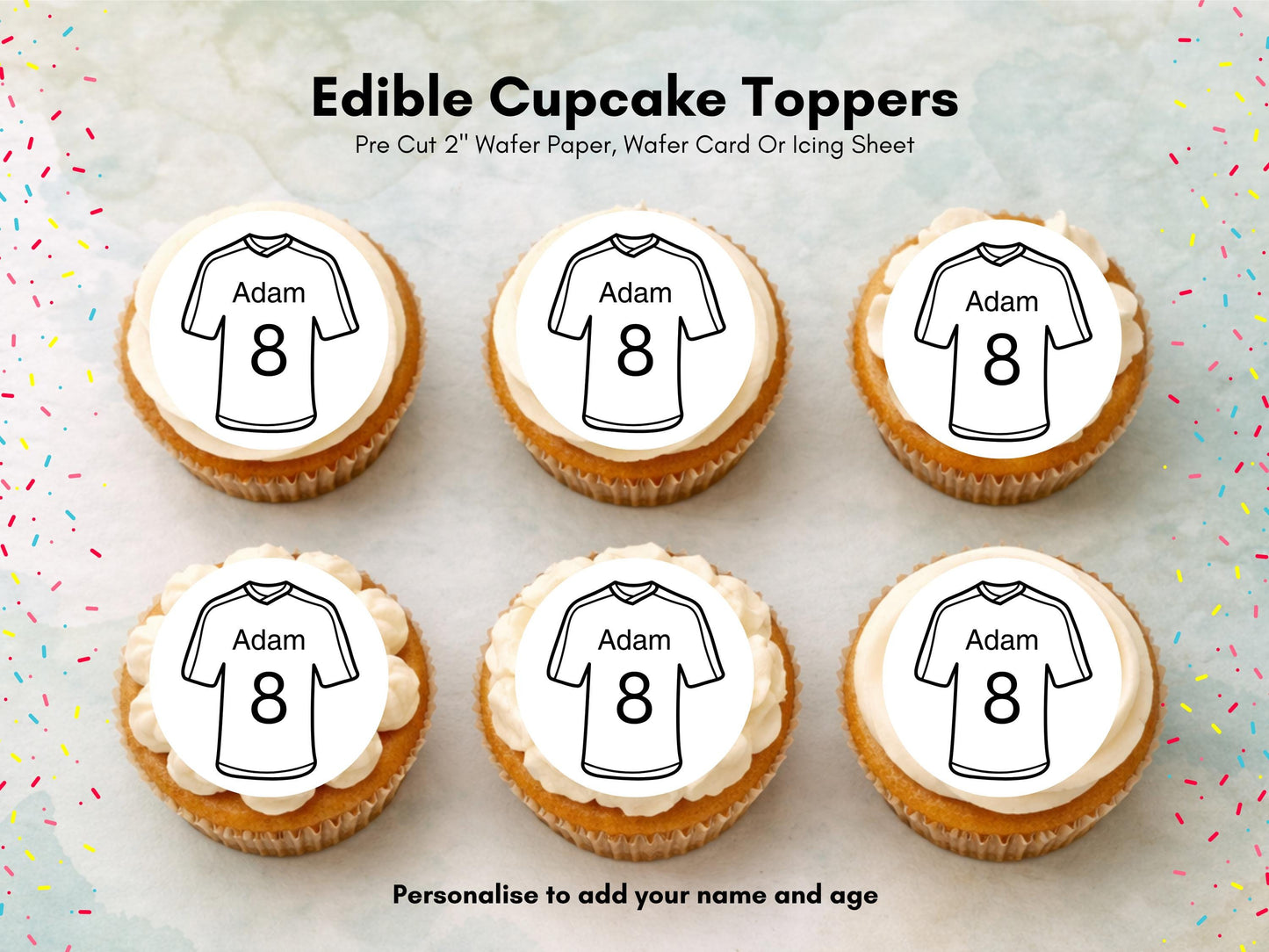Personalised Football Shirt Edible Cupcake Toppers - Soccer Cake Decorations (12 x 2" Pre cut)