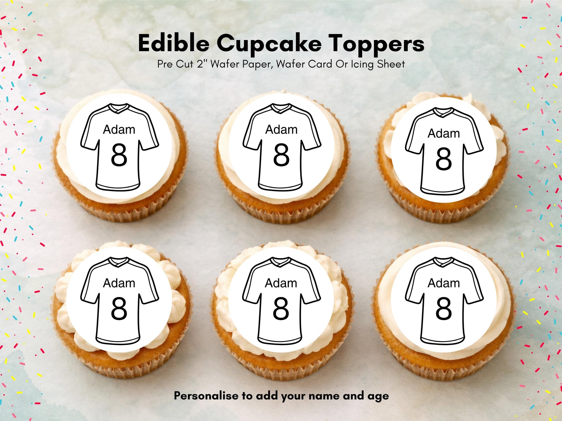 Personalised Football Shirt Edible Cupcake Toppers - Soccer Cake Decorations (12 x 2" Pre cut)