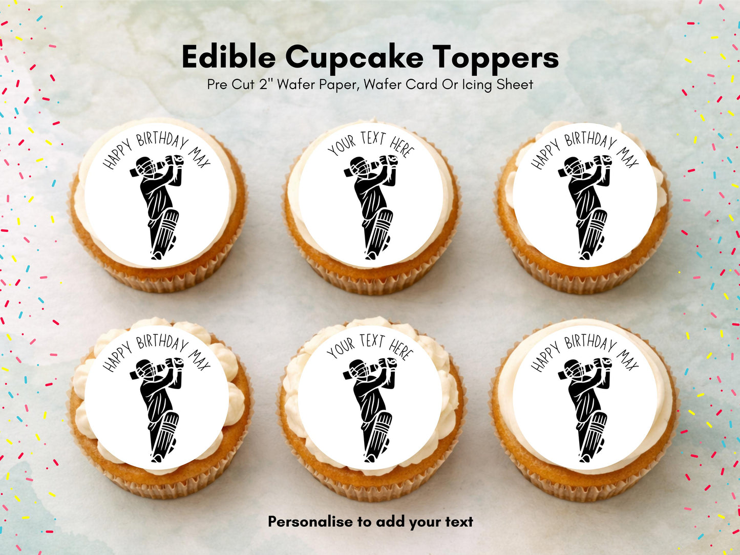 Personalised Cricket Edible Cupcake Toppers - Sports Cake Decorations (12 x 2" Pre cut)