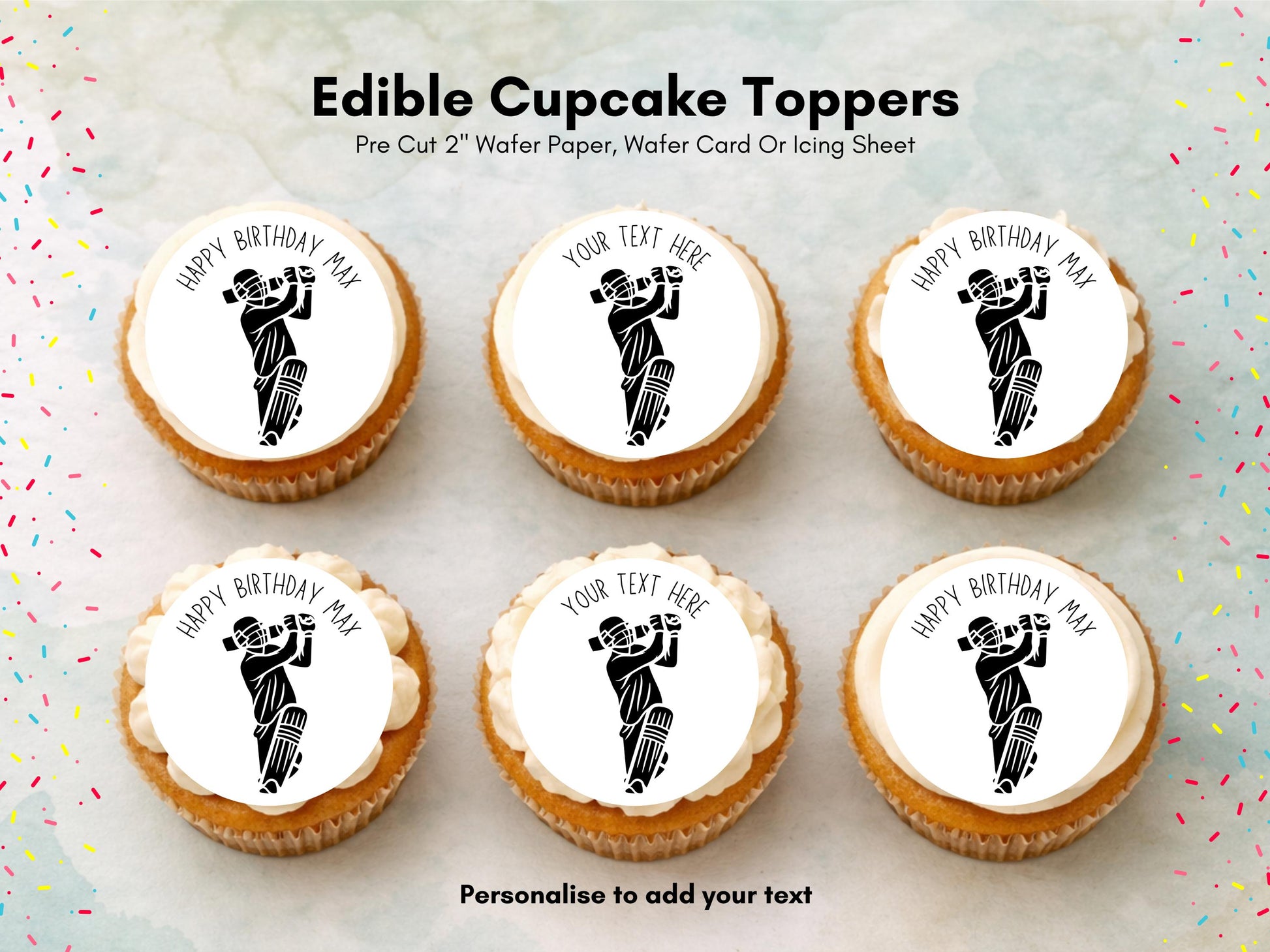 Personalised Cricket Edible Cupcake Toppers - Sports Cake Decorations (12 x 2" Pre cut)