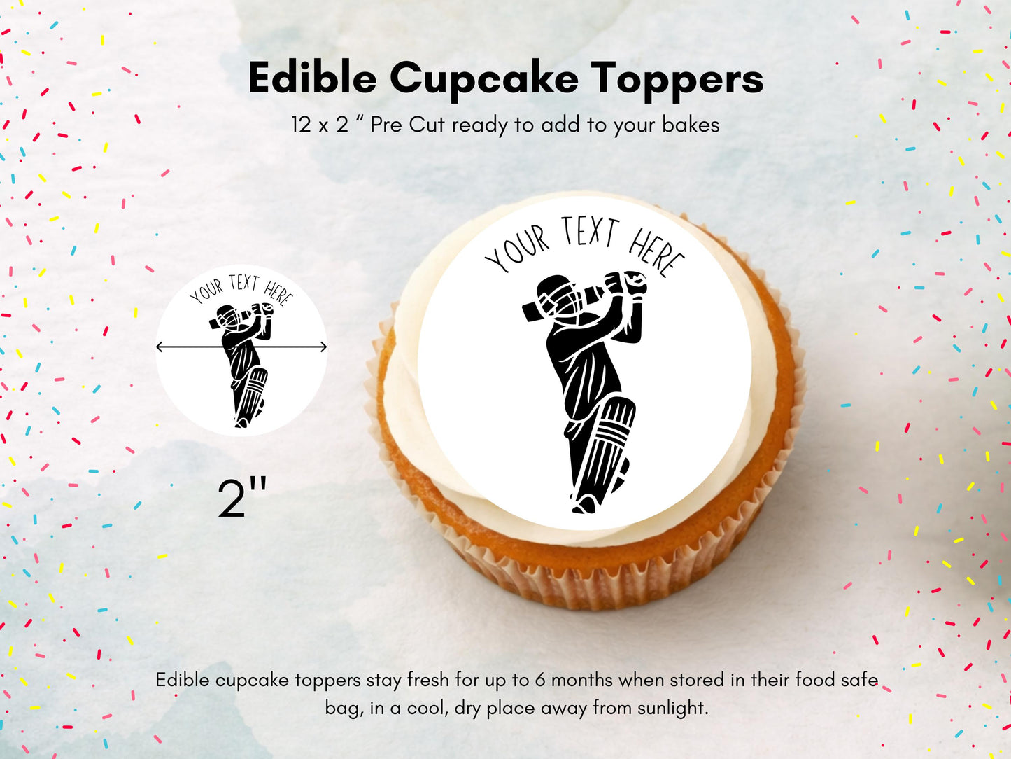 Personalised Cricket Edible Cupcake Toppers - Sports Cake Decorations (12 x 2" Pre cut)