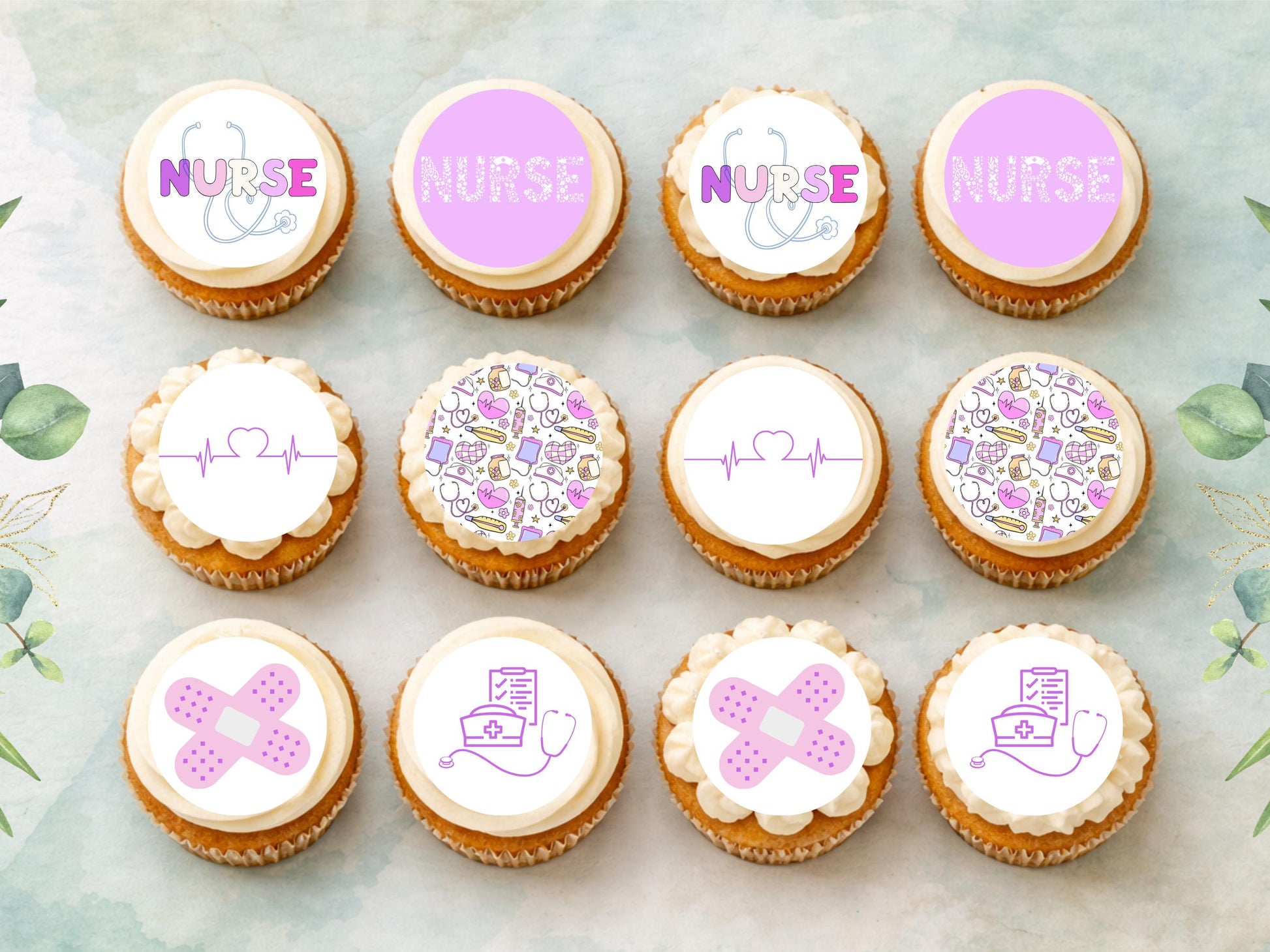 Nurse Theme Edible Cupcake Toppers – 12 x 2" Wafer Paper, Card or Icing Sheet