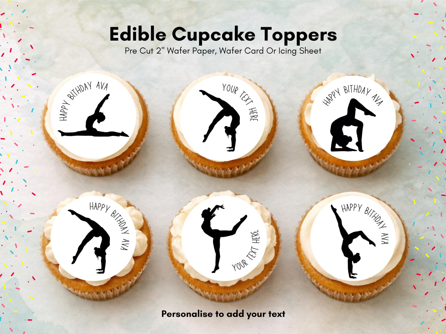 Personalised Gymnastics Edible Cupcake Toppers - Sports Cake Decorations (12 x 2" Pre cut)